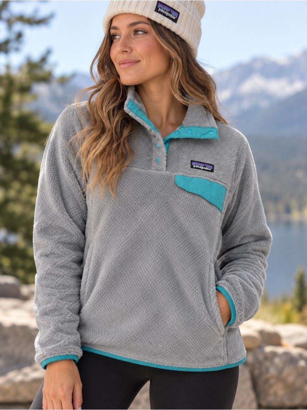 Patagonia Women's Gray Teddy Jacket with Teal Accents